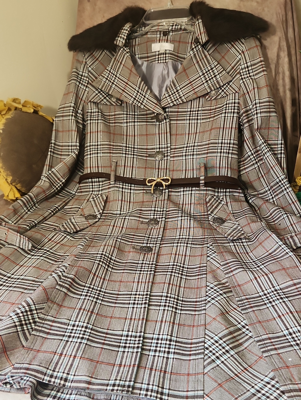 Plaid Trench Coat with Faux Fur Collar in Brown and Cream